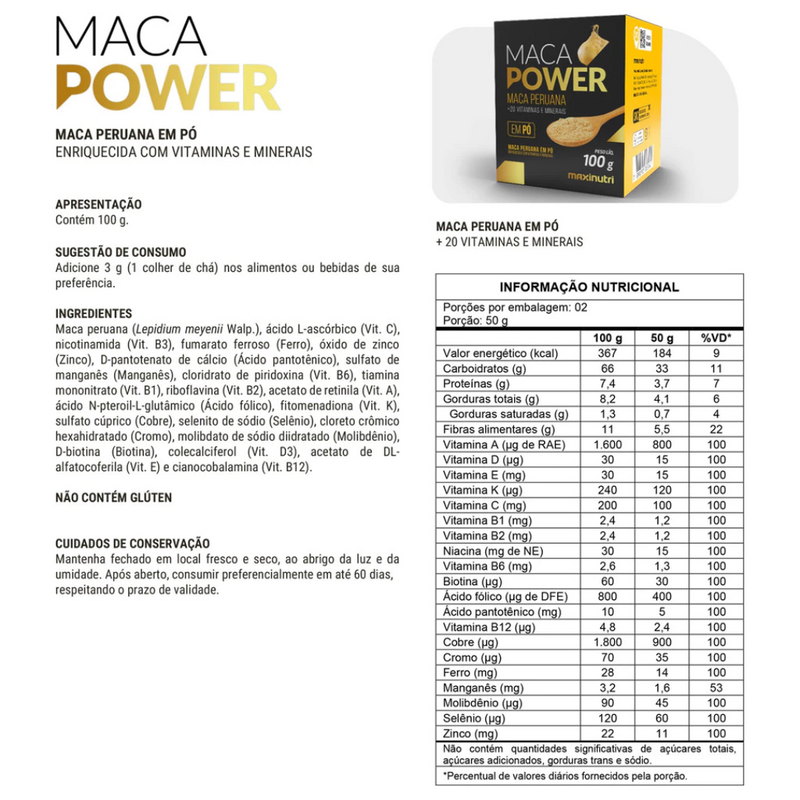 Maca Power em Pó 100g com Vitaminas e Minerais Maxinutri